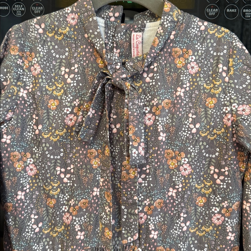 La Coqueta - Girls Gray Dress w/Pink & Mustard/Beige Flowers - Size: 6 - Picture 2 of 9
